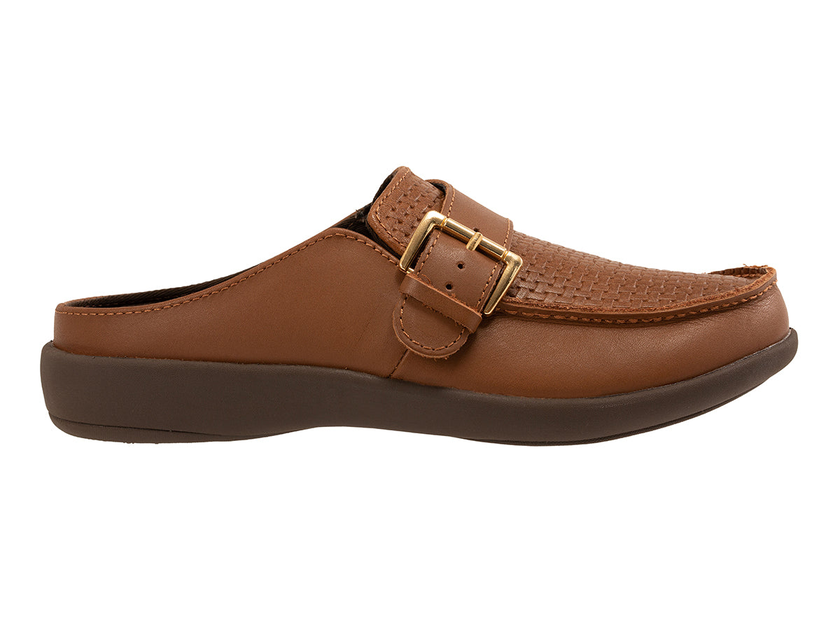 Brown leather mule shoe with a gold buckle on a white background